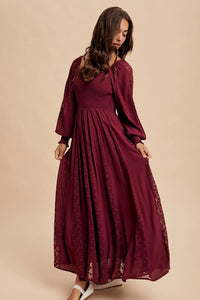 Lace inset smocked maxi dress in deep red with textured pattern on skirt
