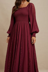 Maroon long-sleeved lace inset smocked maxi dress with square neckline and lace details
