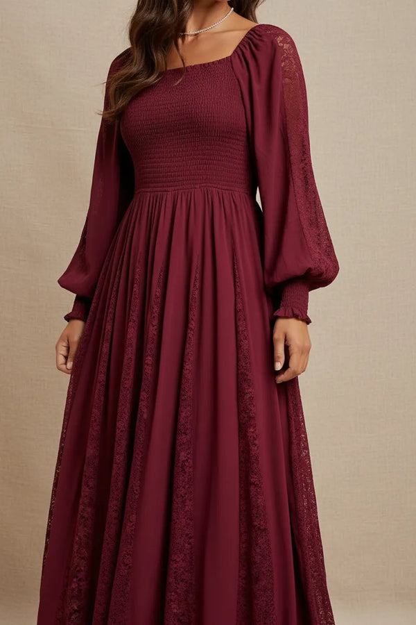 LACE INSET SMOCKED MAXI DRESS LONG SLEEVE RED CHERRY LAQUER / LARGE