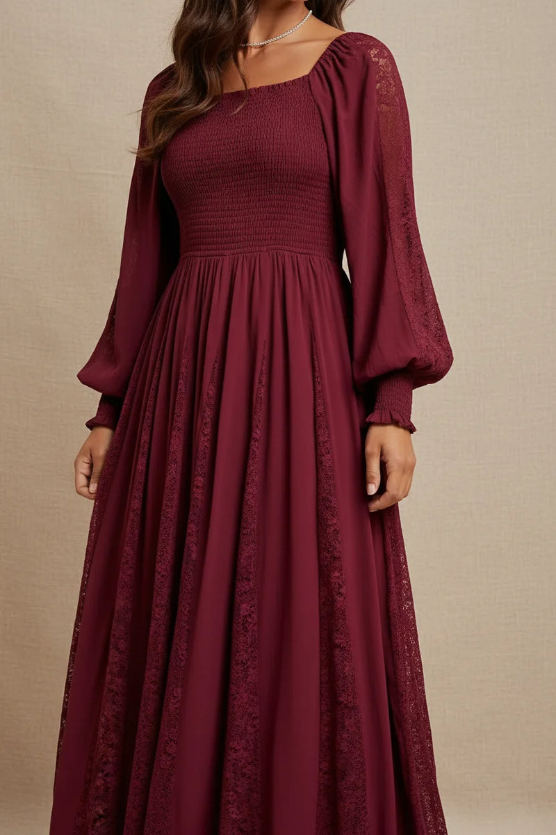 Maroon long-sleeved lace inset smocked maxi dress with square neckline and lace details
