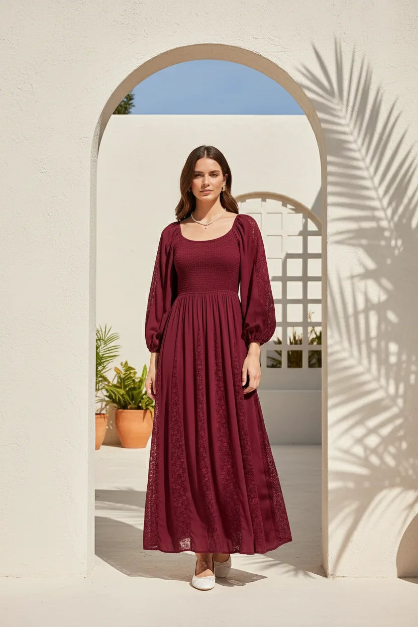 Lace inset smocked maxi dress with long sleeves, square neckline, fitted bodice, flowing skirt