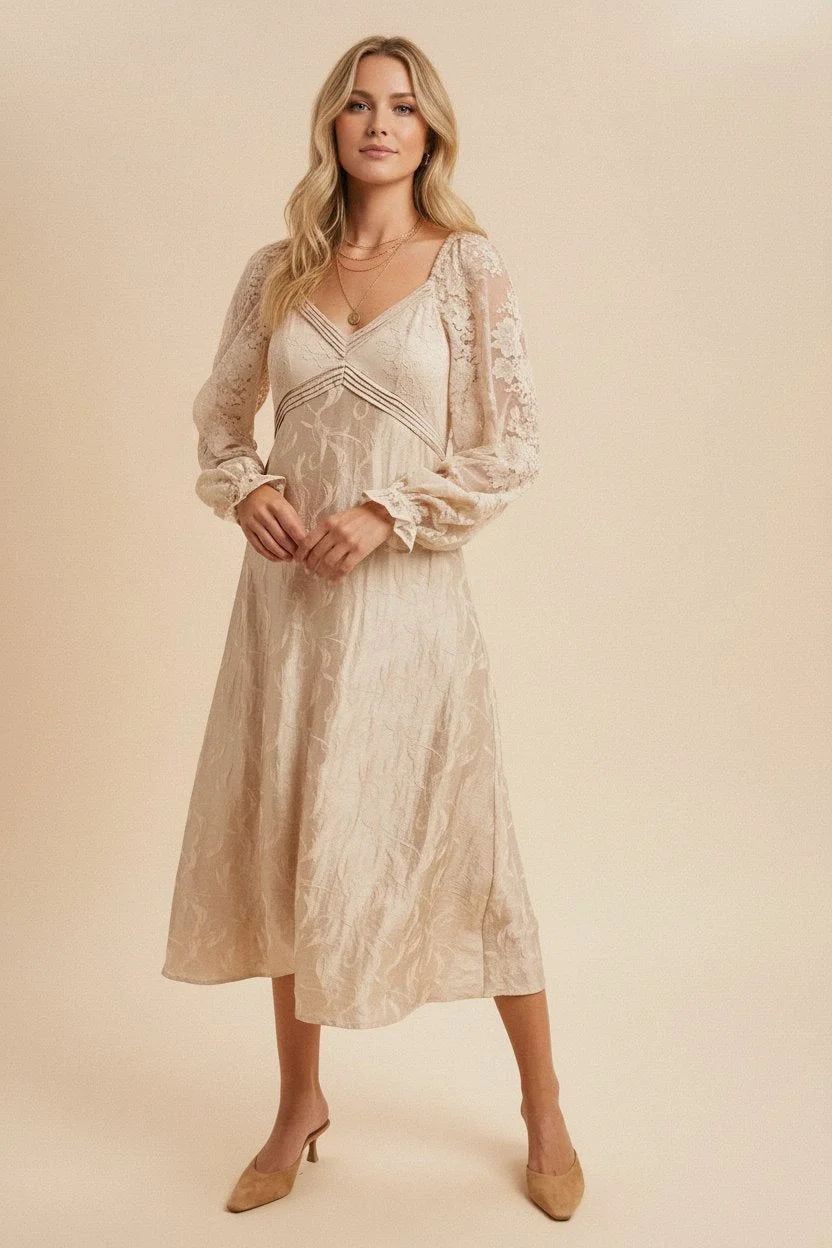Lace Jacquard Maxi Dress featuring long sleeves, V-neck, neutral tone, and delicate embroidery