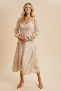 Lace Jacquard Maxi Dress featuring long sleeves, V-neck, neutral tone, and delicate embroidery