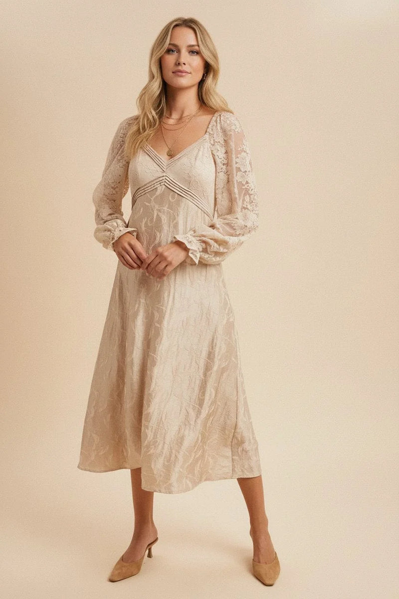Lace Jacquard Maxi Dress featuring long sleeves, V-neck, neutral tone, and delicate embroidery