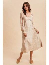 Lace Jacquard Maxi Dress featuring long sleeves, V-neck, and textured fabric design