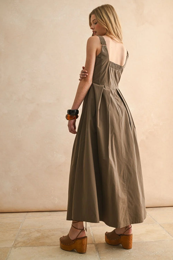 Womens Boho Chic Pleated Midi Dress Olive Green Mocha Mousse / Medium Womens Boho Chic Pleated Midi Dress Olive Green Mocha Mousse / Medium