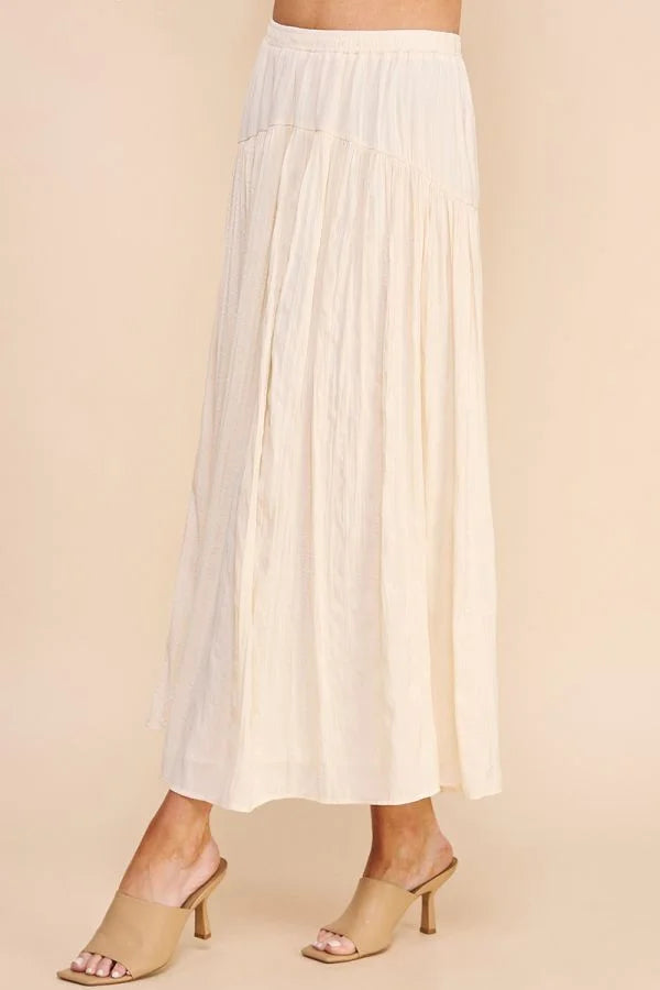 Long white pleated Flowy Crinkle Sateen Maxi Skirt perfect for casual elegance