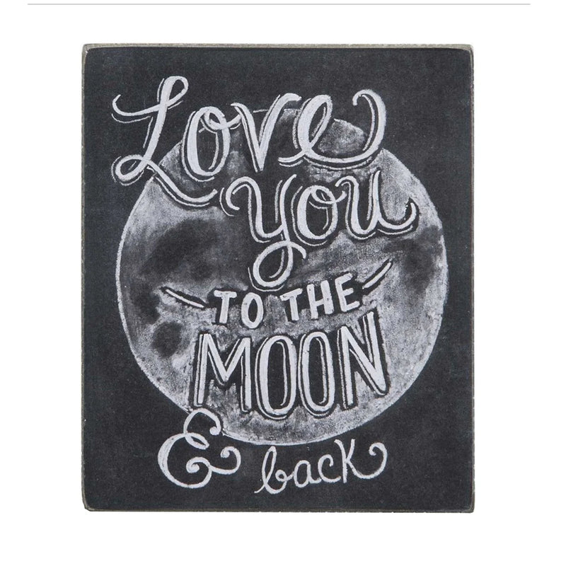 Chalk sign features big hand-drawn love you to the moon art for home decor