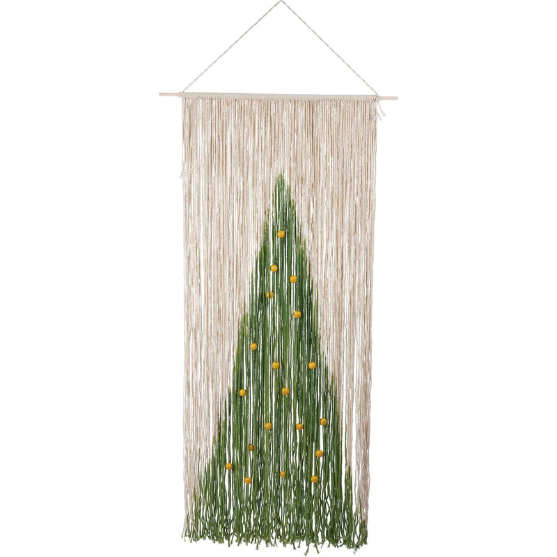 Macramé wall hanging showcasing a green triangular tree design with gold accents