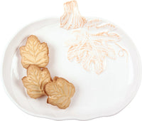 Maple leaf-shaped cookies on a WHITE PUMPKIN PLATE large with a doily, boho style