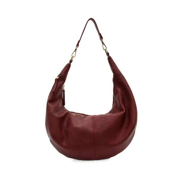 Rhea slouchy crescent shoulder crossbody bag in maroon vegan leather with gold chain strap and zipper closure