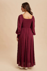 Maroon lace inset smocked maxi dress with square neckline and long sleeves