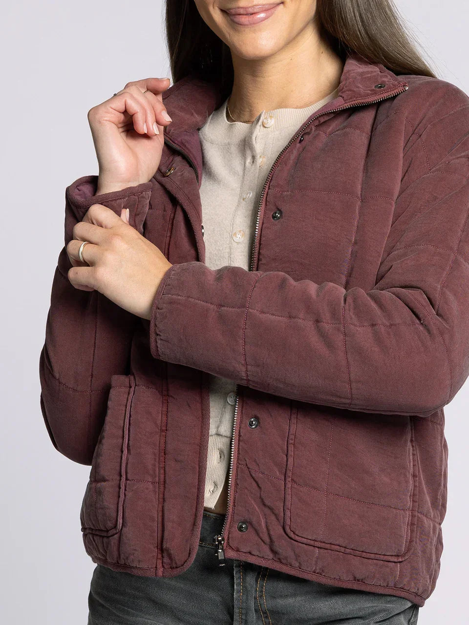 Maroon quilted Supply Brina Jacket with zipper and snap-button closure