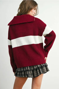 Maroon and white neck zip long sleeve sweater with high collar and ribbed texture