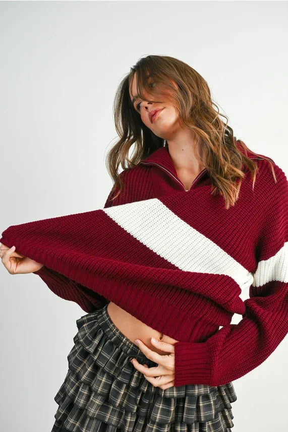 Maroon and white striped ribbed neck zip long sleeve cropped sweater