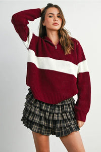 Maroon and white striped ribbed long sleeve neck zip sweater
