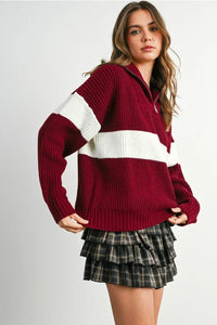 Maroon and white striped long sleeve neck zip hoodie sweater