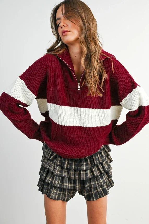 Maroon and white striped long sleeve neck zip sweater