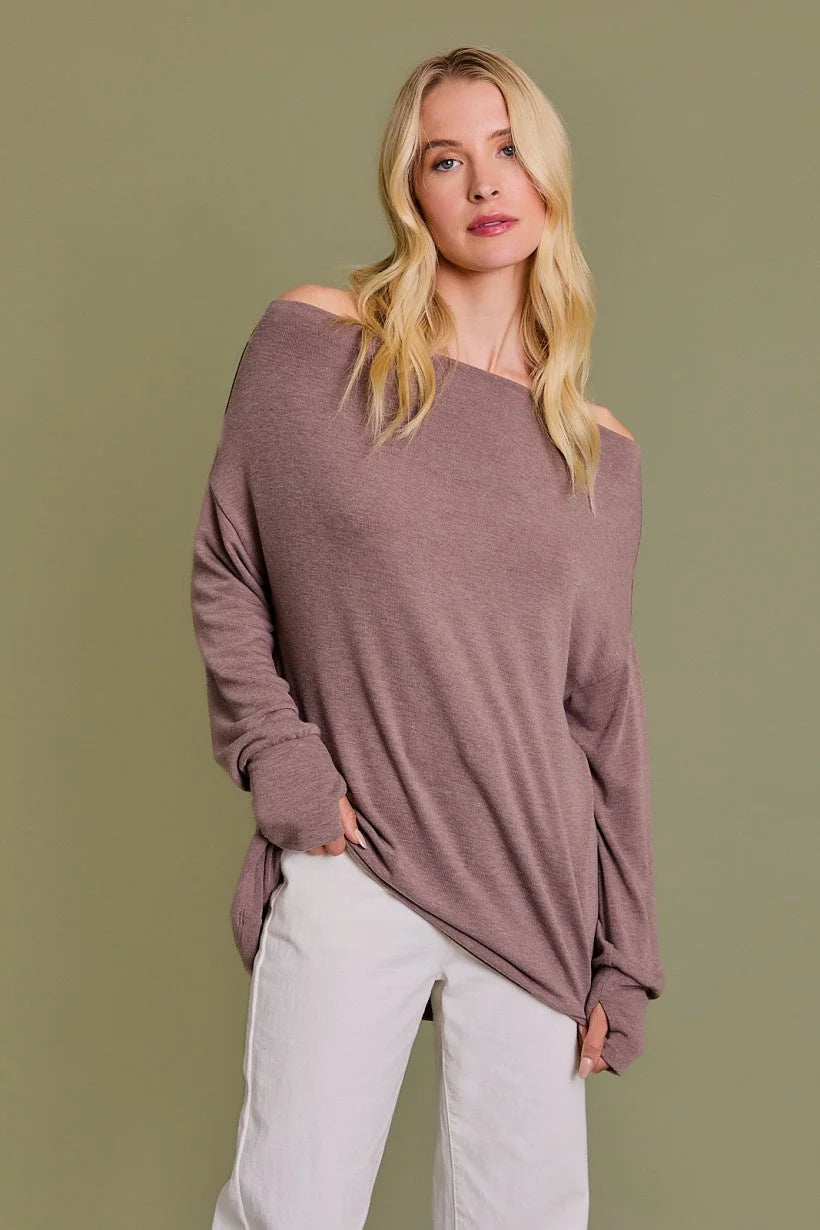 Mauve oversized knit sweater featuring cowl neck long sleeve and off-shoulder design