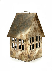 Rustic bohemian metal house lantern with patina finish and windows