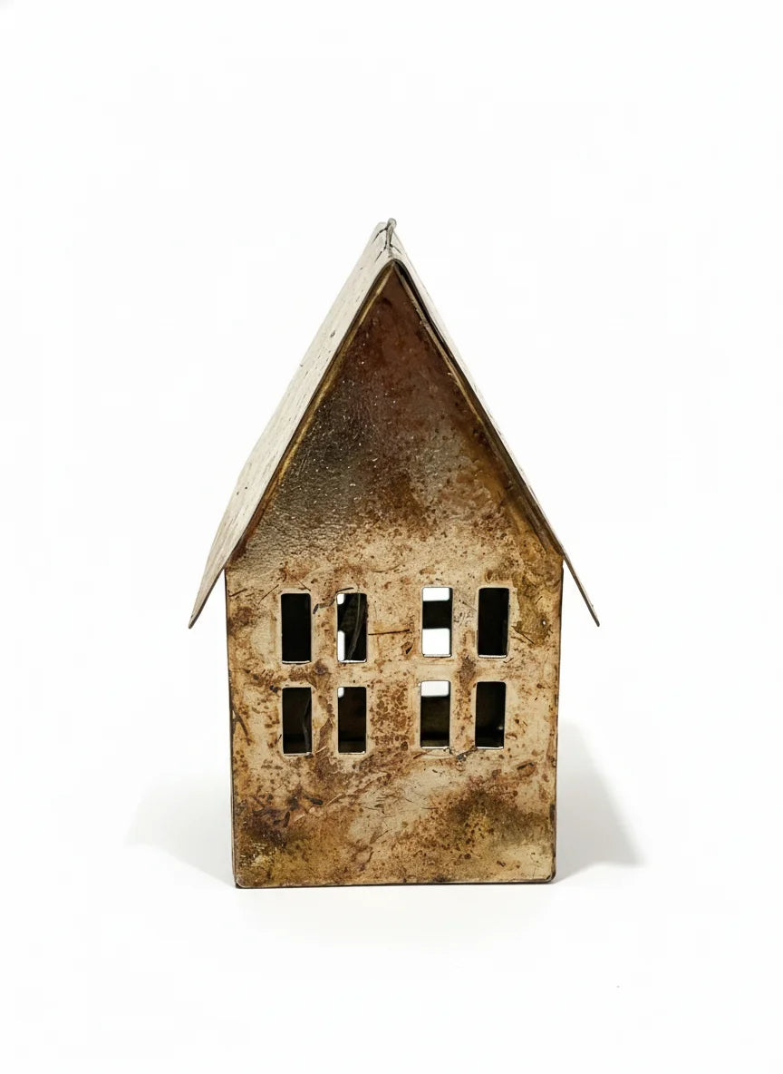 Rustic bohemian metal house lantern with patina and silver roof