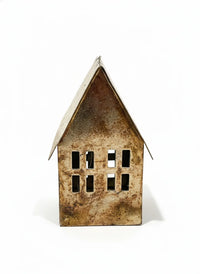 Rustic bohemian metal house lantern with patina and silver roof