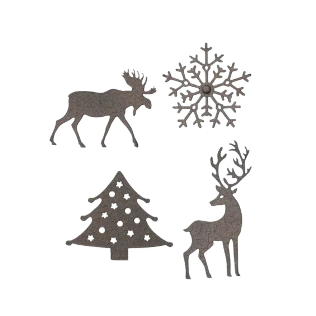Textured bronze metal holiday reindeer ornament set with snowflake design