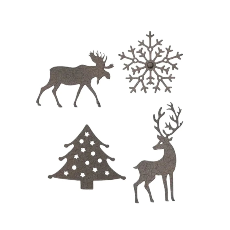Textured bronze metal holiday reindeer ornament set with snowflake design