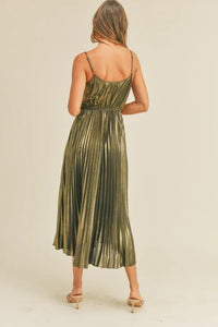 Metallic olive-green pleated midi dress with spaghetti straps, elegant metallic pleated dress