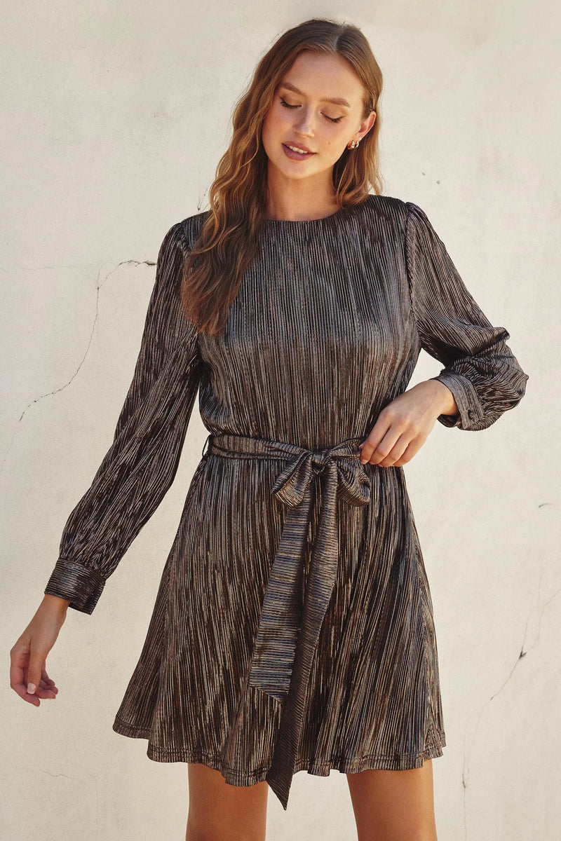 Metallic pleated mini dress with long sleeves and tie belt from Shop Daisy’s women’s boho chic clothing