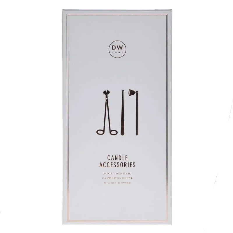 Minimalist packaging for Rose Gold Wick Trimmer Set with candle snuffer and tools