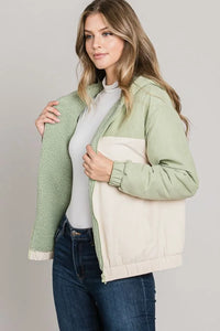 Mint green and cream soft brushed matte woven hoodie jacket with zipper front