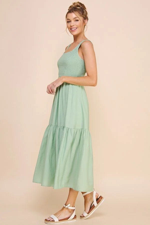 Mint green smocked tank babydoll tiered maxi dress with thin straps