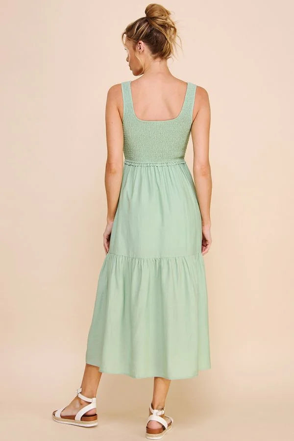 Mint green Smocked Tank Babydoll Tiered Maxi Dress with a square neckline and tiered skirt