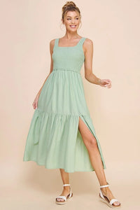 Mint green Smocked Tank Babydoll Tiered Maxi Dress with spaghetti straps and side slit