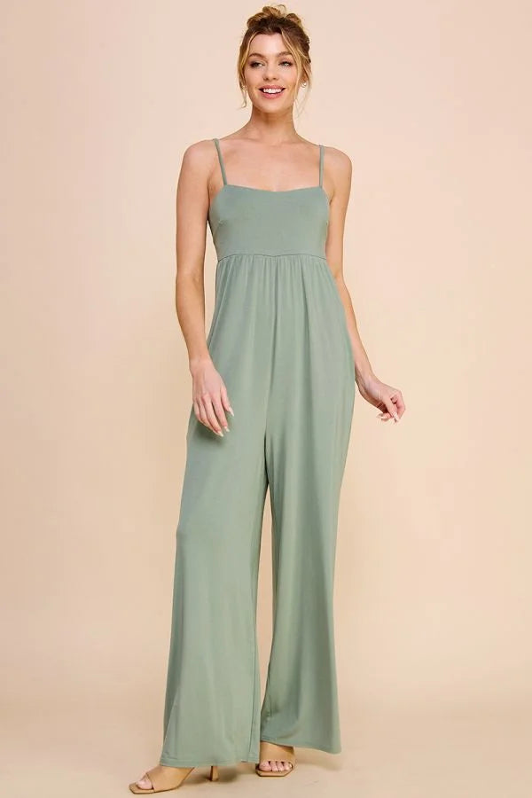 Mint green Babydoll Wide Leg Jumpsuit with thin straps and empire waist design