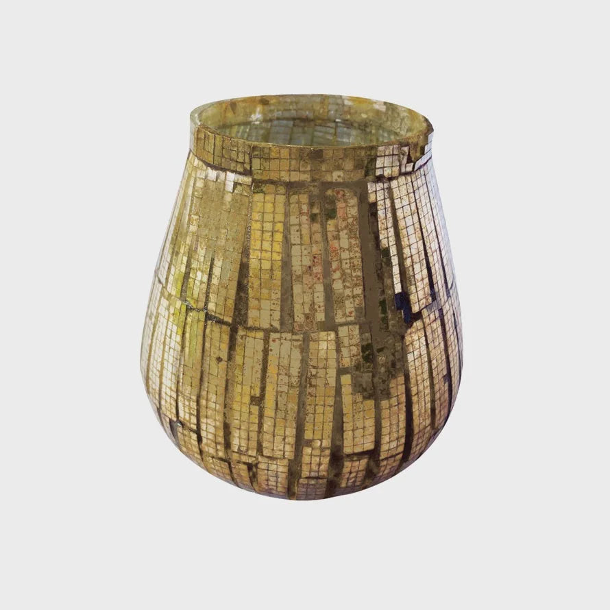 Mosaic-covered vase with a rounded shape and antique copper finish for votive holding