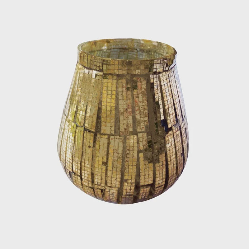 Mosaic-covered vase with a rounded shape and antique copper finish for votive holding