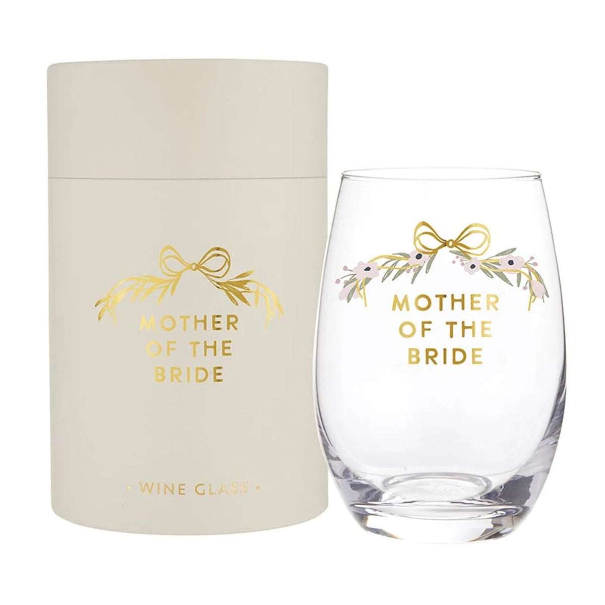 Gold foil stemless wine glass for Mother of the Bride with matching gift box
