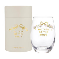 Gold foil stemless wine glass for Mother of the Bride with matching gift box