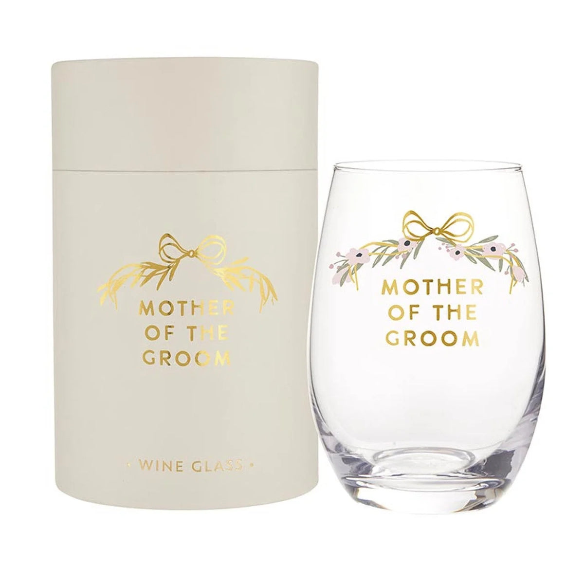 Gold foil stemless wine glass for Mother of the Groom with matching container