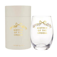 Gold foil stemless wine glass for Mother of the Groom with matching container