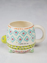 FOLK ART COFFEE MUG featuring Myrtle the Turtle with a bird design in a boho style