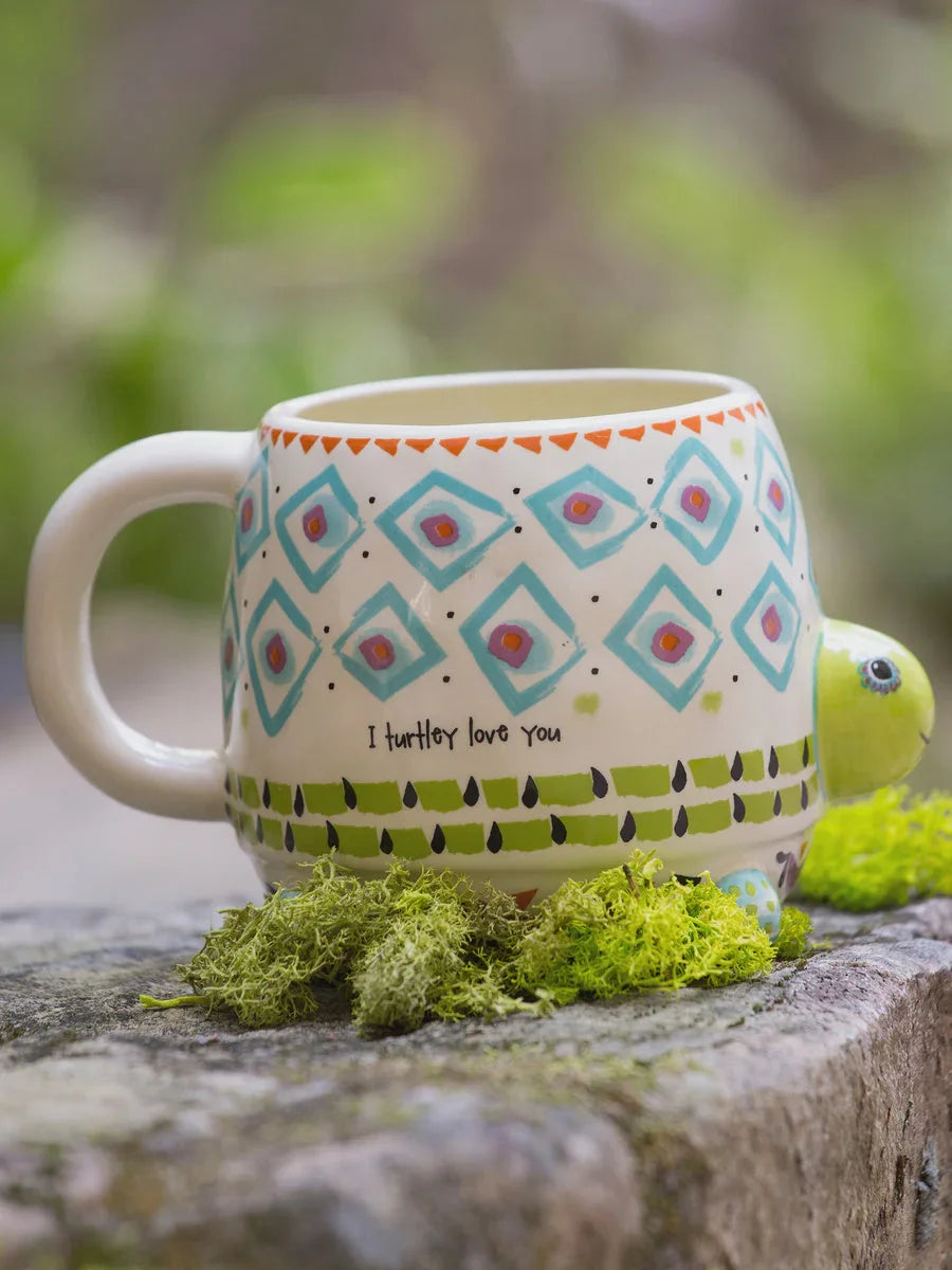 Folk Art Coffee Mug - Myrtle the Turtle on a rock with a boho bird design