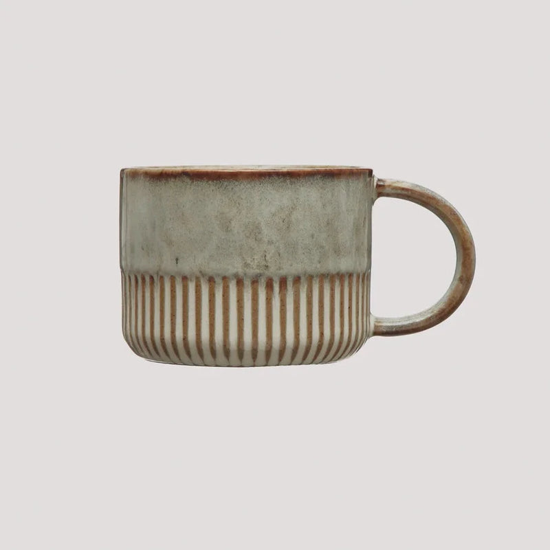 14 OZ Stoneware Mug with brown stripe, perfect for boho and flowy aesthetics