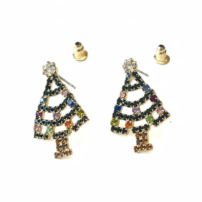 Vibrant rhinestone Christmas tree earrings with multi-colored accents