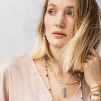 Multi-layered Labradorite stone point necklace with natural wood beads