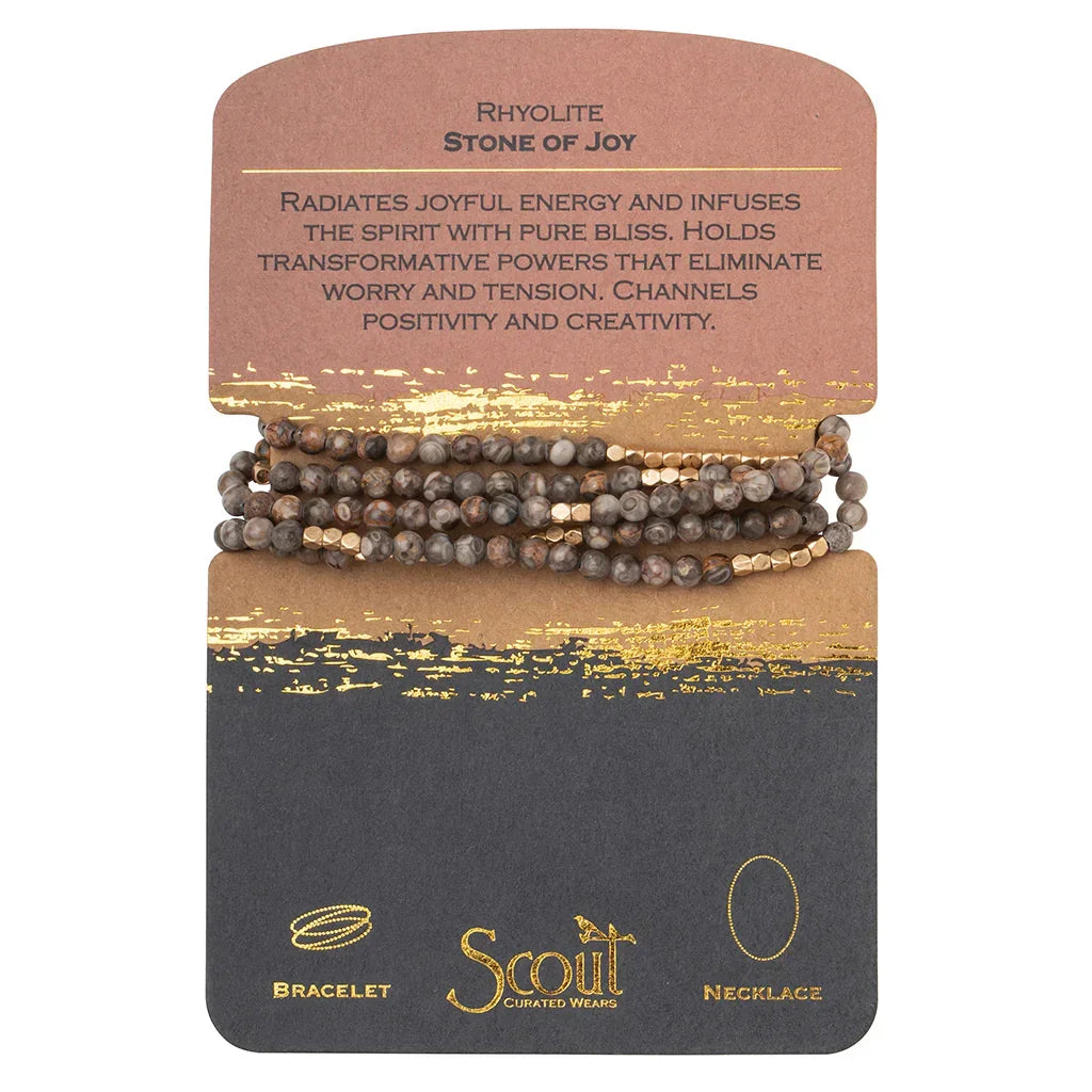 Multi-strand beaded Rhyolite stone wrap bracelet with metallic accents in natural gemstone bracelets