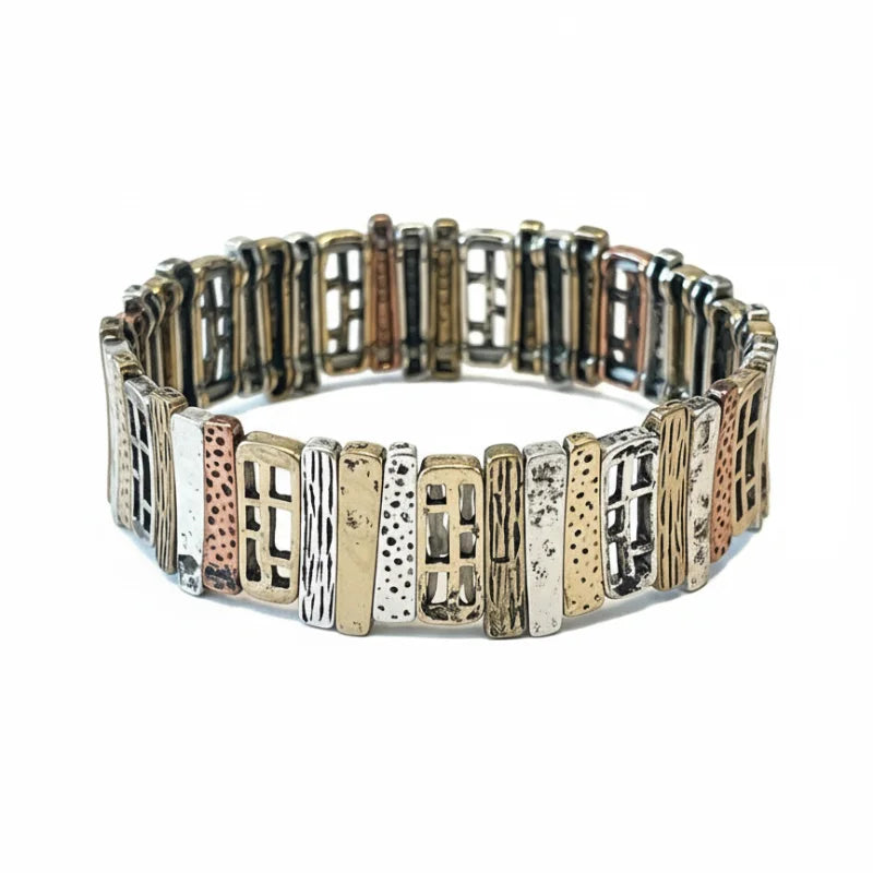 Artistic textured stretch bracelet in multicolored metal links for women’s boho chic style