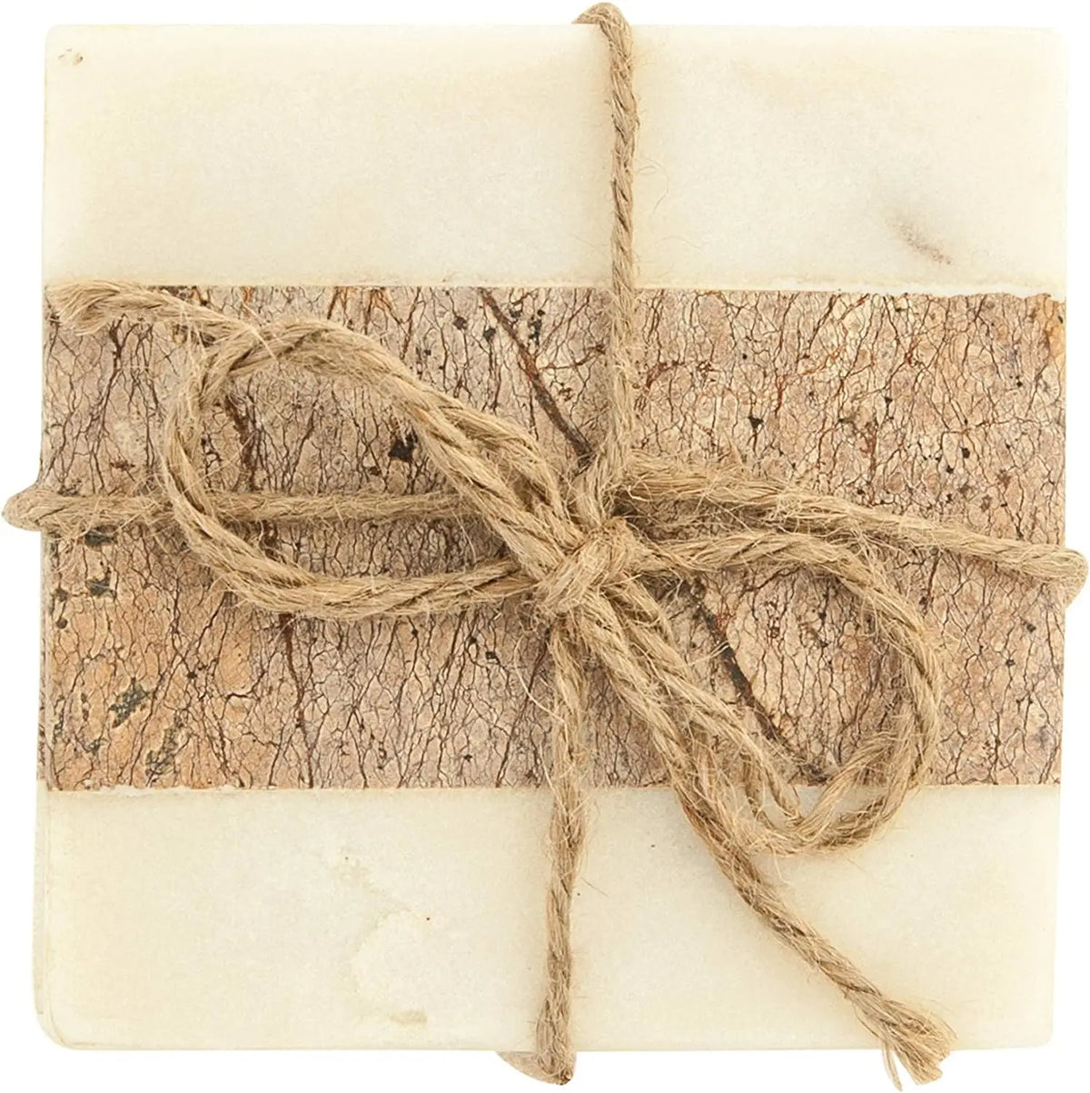 Natural bark-wrapped package with twine showcasing Square Marble Coasters